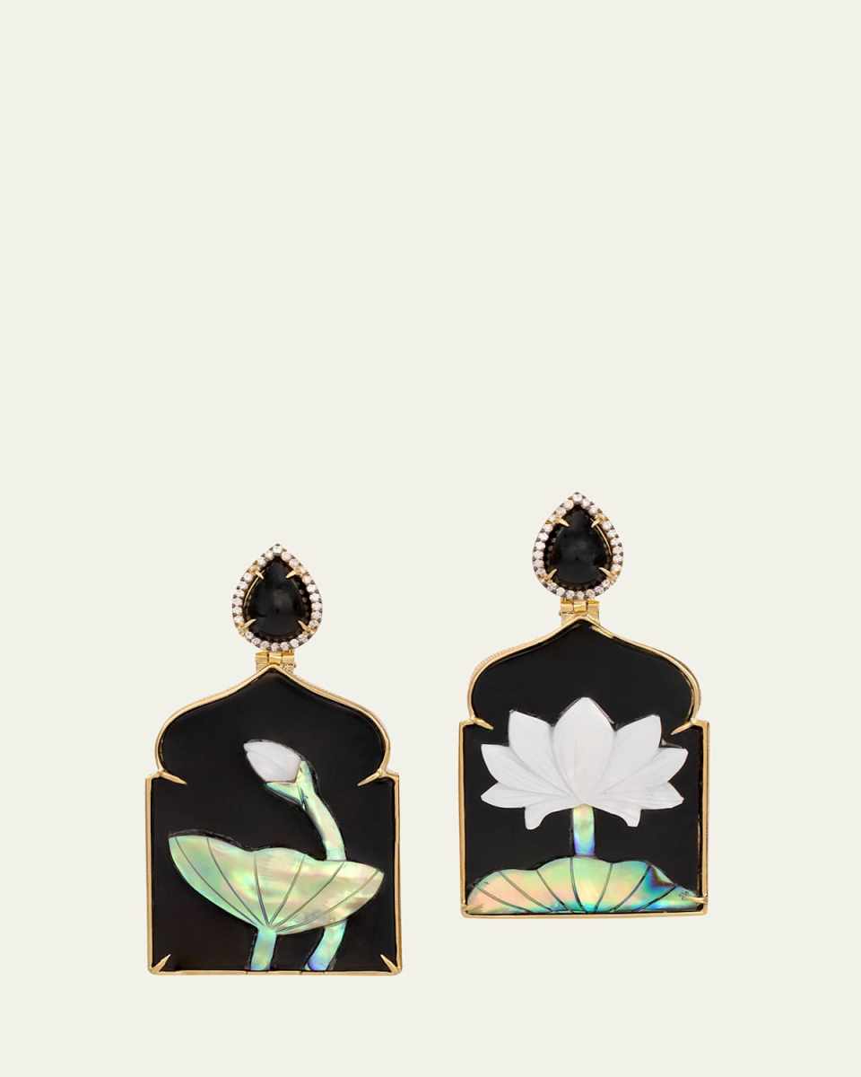 18K Yellow Gold Window Shaped Earrings with Mother Of Pearl Lotus Flower, Onyx, Abalone and Diamonds